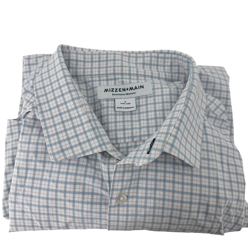 Mizzen+Main Mens‎ Trim Tall Performance Dress Shirt Blue White Check Size L